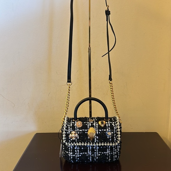 NWTGS Kurt Geiger black and white plaid bejeweled fabric handle mini Kensington! - Picture 8 of 9